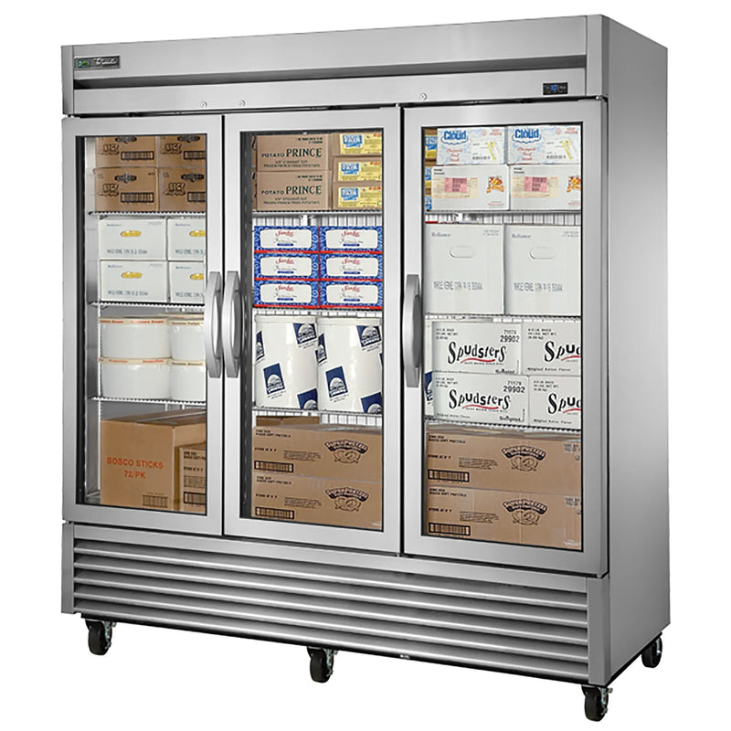 True T-72FG-HC~FGD01 78" wide three glass door display freezer on casters, stocked with boxed frozen products