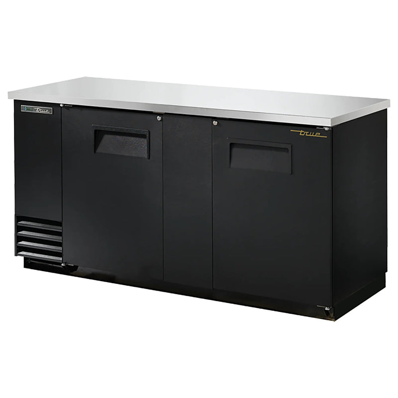 True TBB-3 Series 69-inch double door back bar cooler in black with solid doors and stainless top