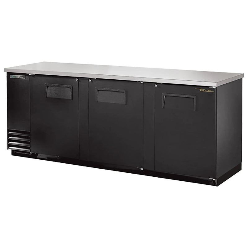True TBB-4 Series 90-inch triple door back bar cooler in black with solid doors and stainless top