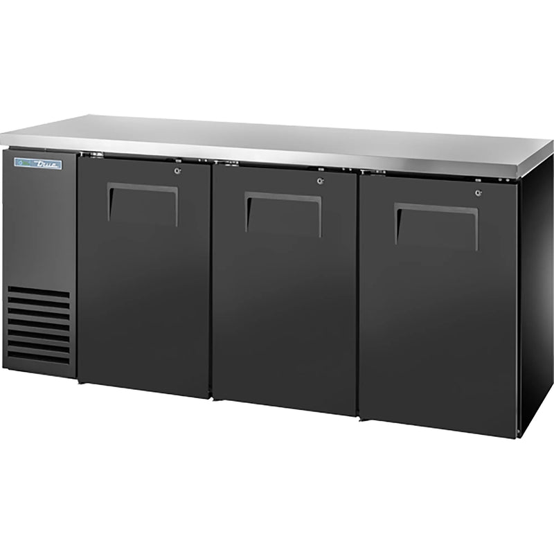 True TBB24-72 72-inch shallow three door back bar cooler, black exterior with solid doors and stainless steel top