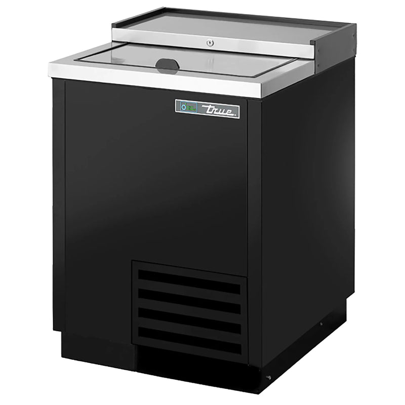 True TD-24-7 Series 24-inch top-loading horizontal bottle cooler in black finish with stainless top
