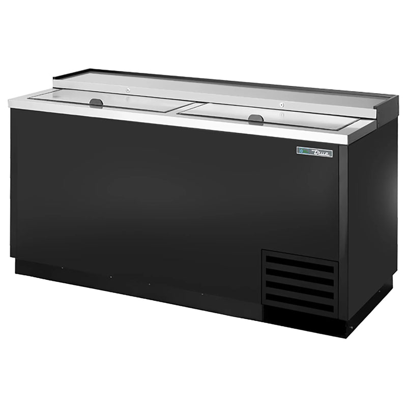 True TD-65-24 Series 65-inch horizontal bottle cooler in black finish with sliding stainless steel lids