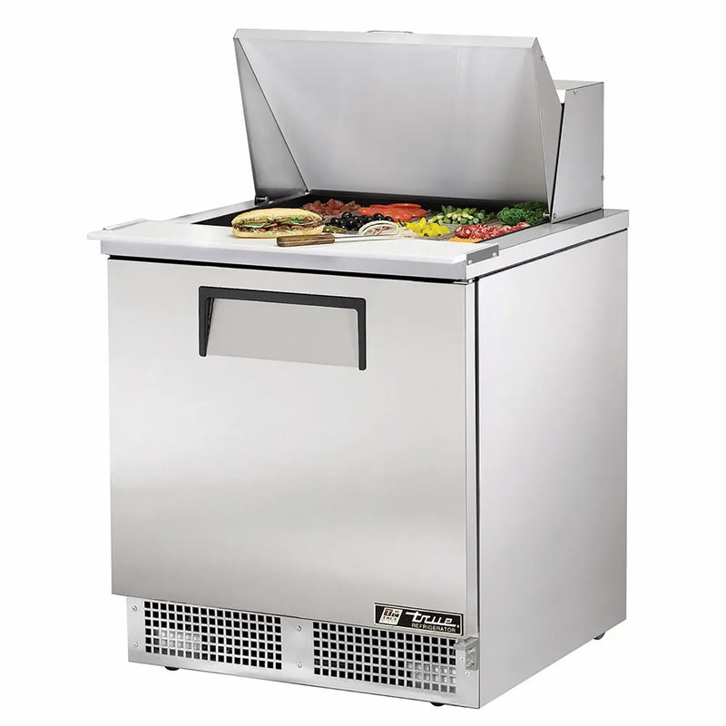 True TFP-32-12M 32" single door stainless steel refrigerated food prep table with lid open over pans of toppings