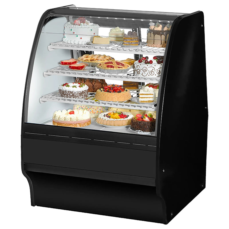 True TGM-R-36-SC/SC-B-W 36-inch black curved glass refrigerated pastry display case filled with cakes
