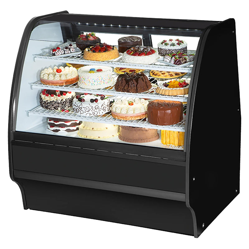 True TGM-R-48-SC/SC-B-W 48-inch black curved glass refrigerated pastry display case filled with cakes