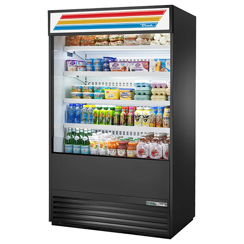 True TOAM-48 48-inch black open air refrigerated merchandiser with lighted sign and solid sides, stocked