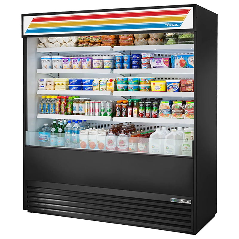 True TOAM-72 72-inch black open air refrigerated merchandiser with lighted sign and solid sides, stocked