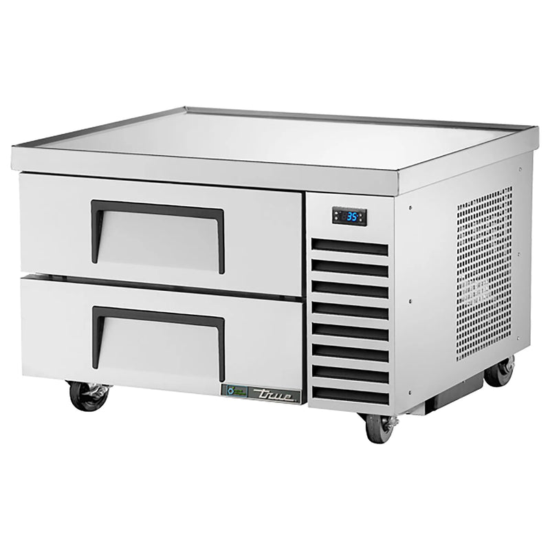 True TRCB-36-HC 36-inch stainless steel refrigerated chef base with two drawers for 4-inch deep pans, angled view