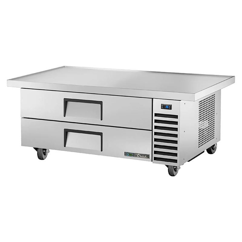 True TRCB-52-60-HC 60-inch stainless steel refrigerated chef base with extended top and two drawers, angled view