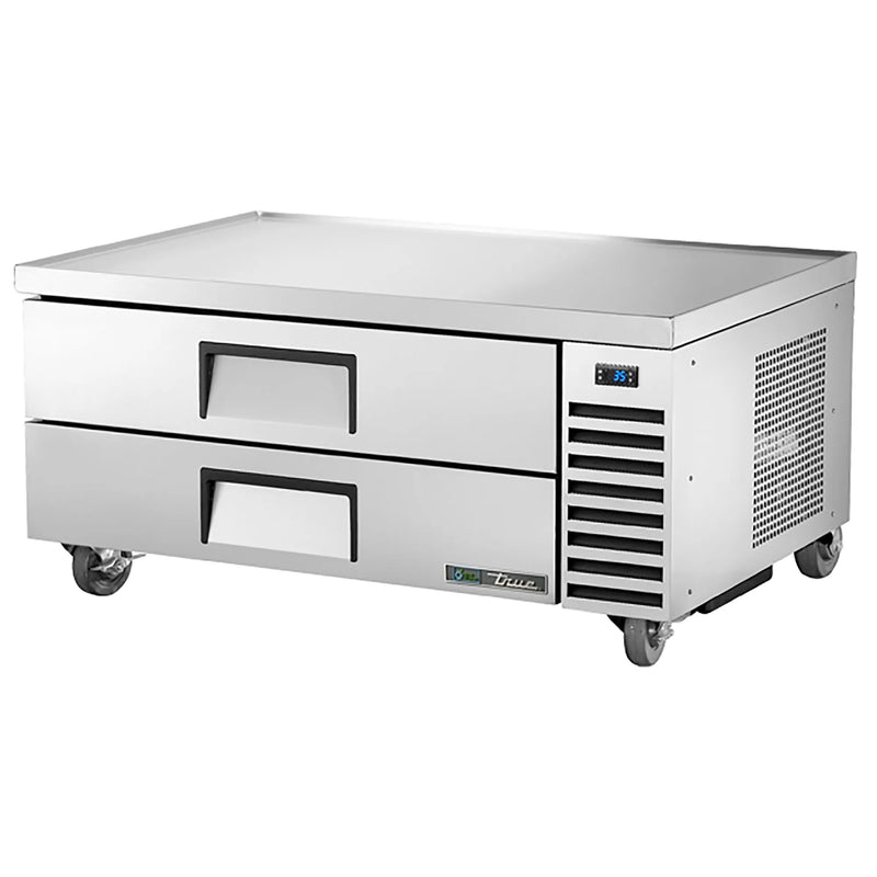 True TRCB-52-HC 52-inch stainless steel refrigerated chef base with two drawers for 4-inch deep pans, angled view