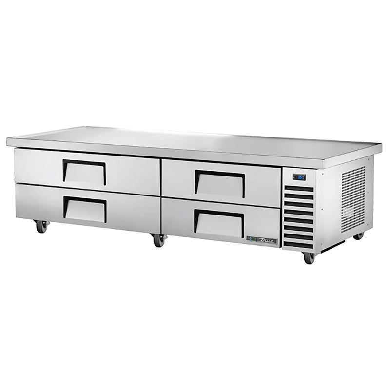 True TRCB-82-86-HC 86-inch stainless steel refrigerated chef base with four drawers and extended top