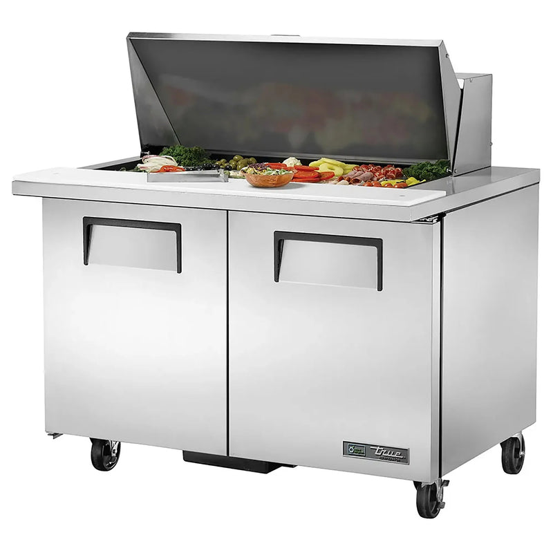 True TSSU-48-18M-B-HC 48" two door mega top sandwich prep table with lid open over toppings, front view