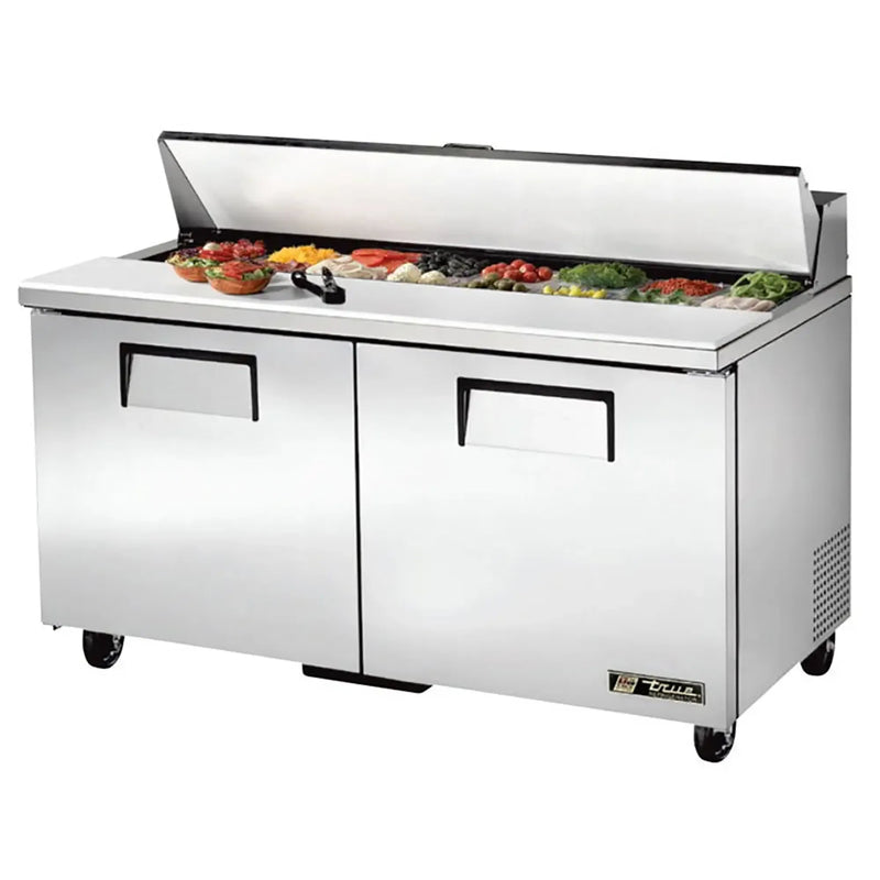 True TSSU-60-16-HC 60" two door stainless steel refrigerated sandwich prep table with lid open over toppings
