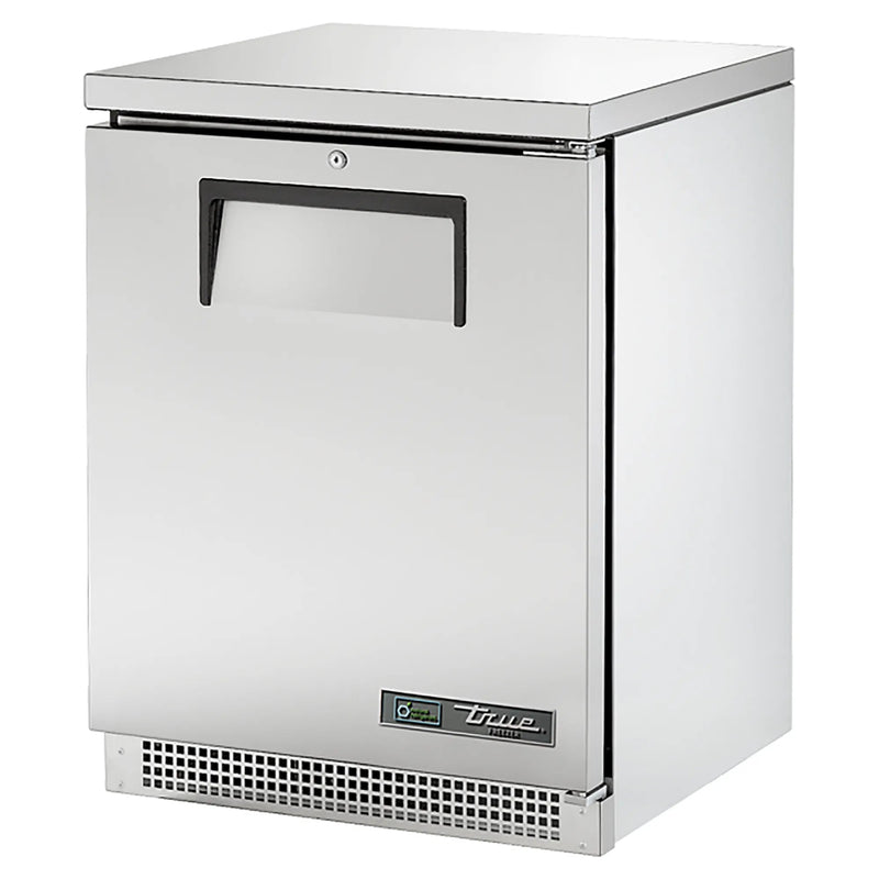 True TUC-24F-HC 24-inch single door stainless steel under counter freezer, angled front view