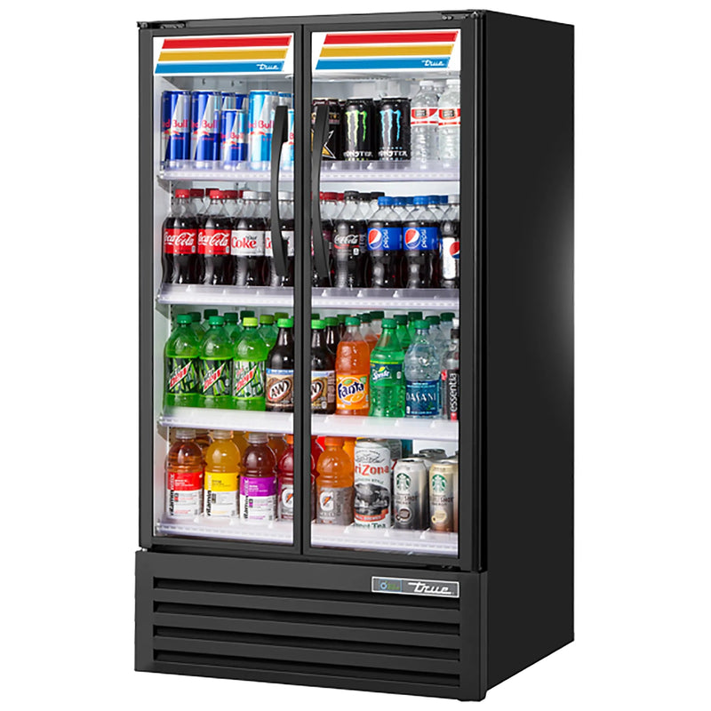 True TVM-30-HC~VM03 31-inch black double glass door visual display refrigerator stocked with soft drinks