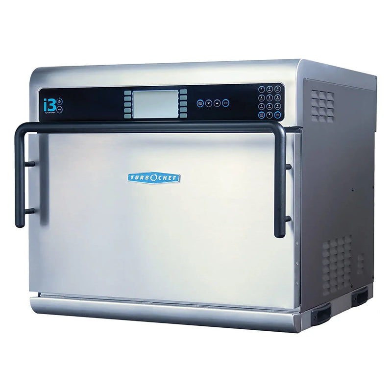 TurboChef i3-9500-401 i3 Touch high speed oven in stainless steel with touch controls and door handle, angled view