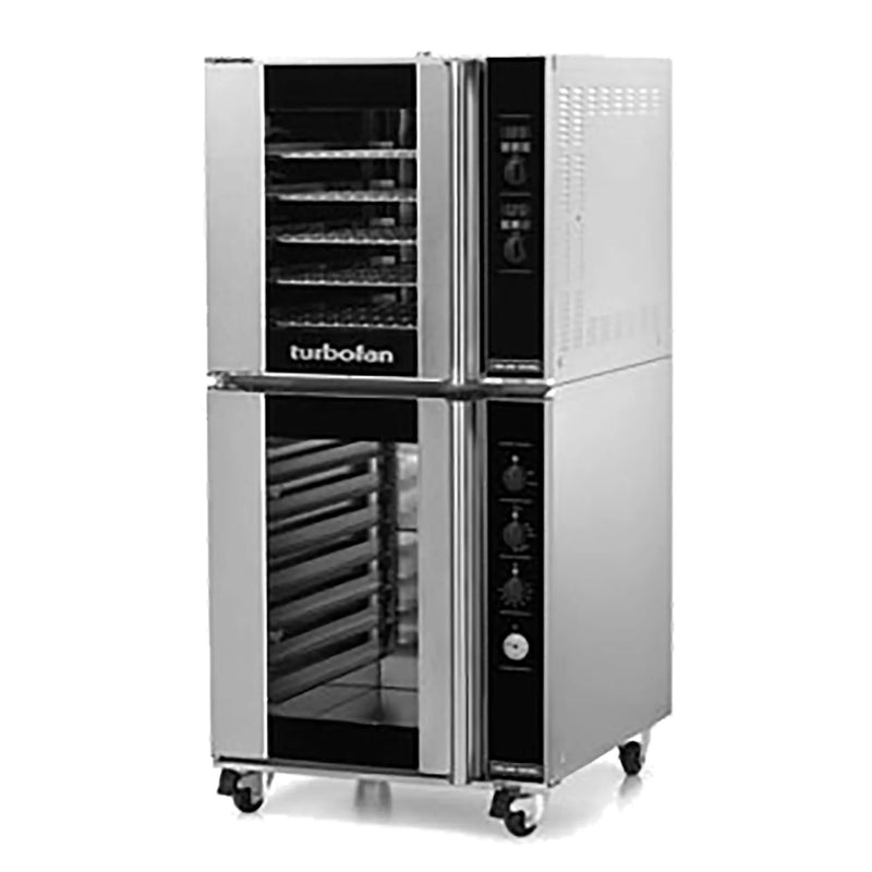 TurboFan E32D5/P8M digital electric convection oven stacked on a P8M proofer holding cabinet on casters