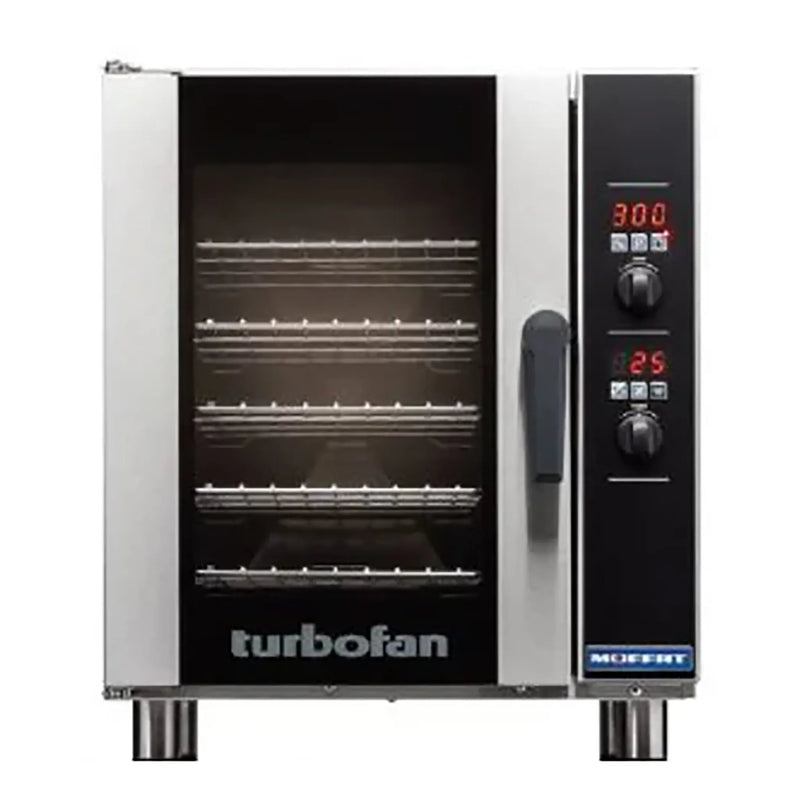 TurboFan E33 series digital electric convection oven in stainless steel with glass door and five racks, front
