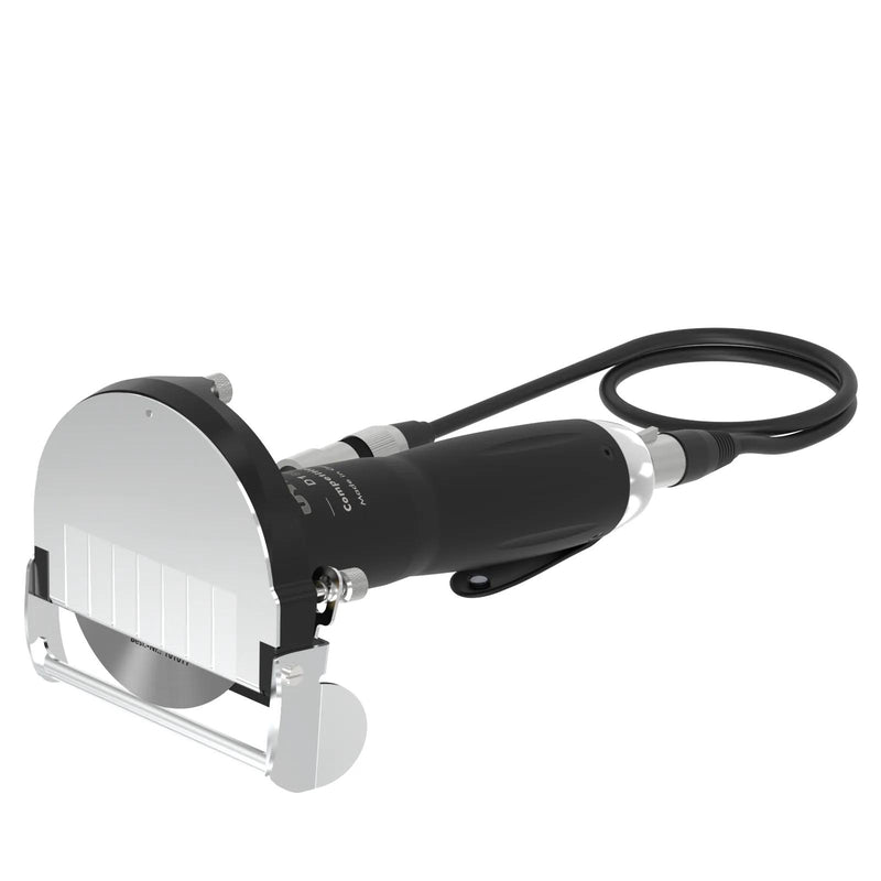 UYAR D190 electric kebob knife with 90mm round blade, black handle and coiled power cable, side view