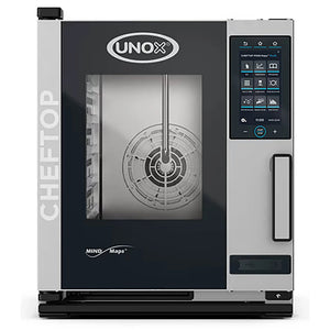 Unox XACC-0513-EPRM narrow electric combi oven with tall glass door and digital touch control panel, angled view