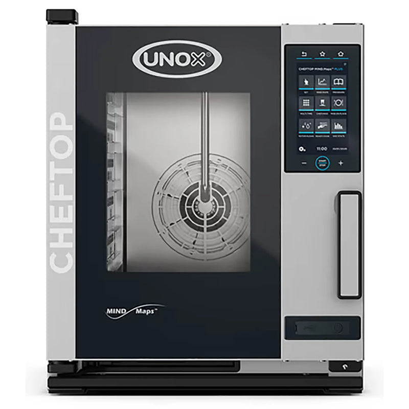 Unox XACC-0513-EPRM narrow electric combi oven with tall glass door and digital touch control panel, angled view