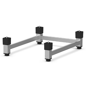 Unox XWCRC Series open stand for XACC-0513 combi ovens, low stainless steel frame with black leg caps, angled view