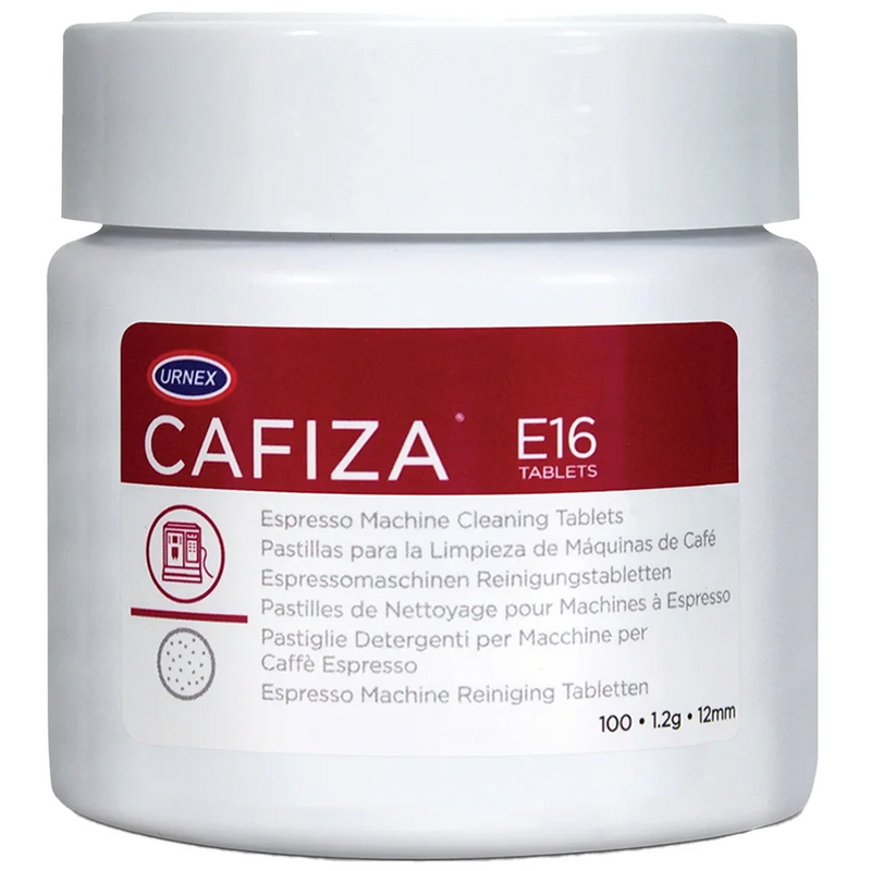Urnex Cafiza E16 espresso machine cleaner tablets, 100 tablets in a wide white tub with red Cafiza E16 label