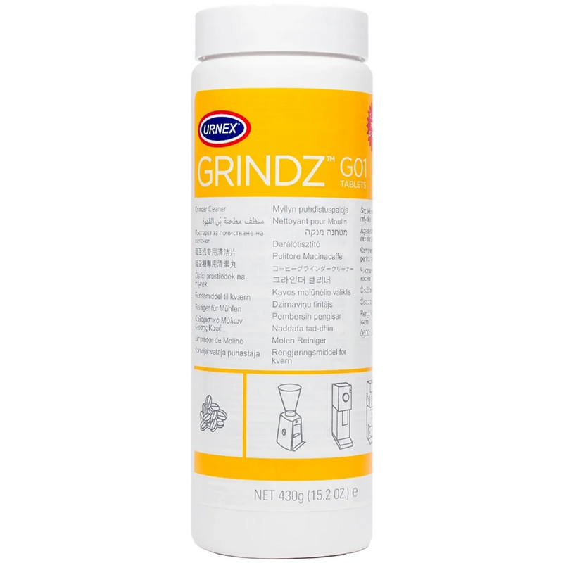Urnex Grindz grinder cleaning tablets 430g in a white bottle with yellow Grindz label and usage icons, front view