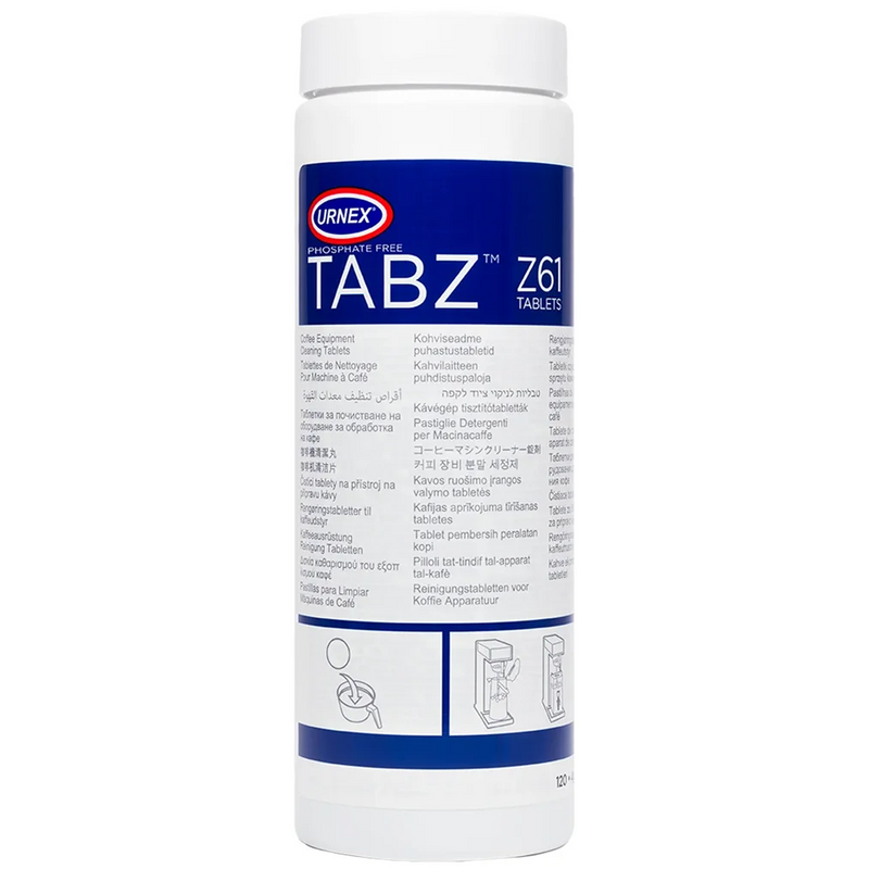 Urnex Tabz Z61 coffee equipment cleaning tablets, 120 tablets in a white bottle with blue Tabz label, front view