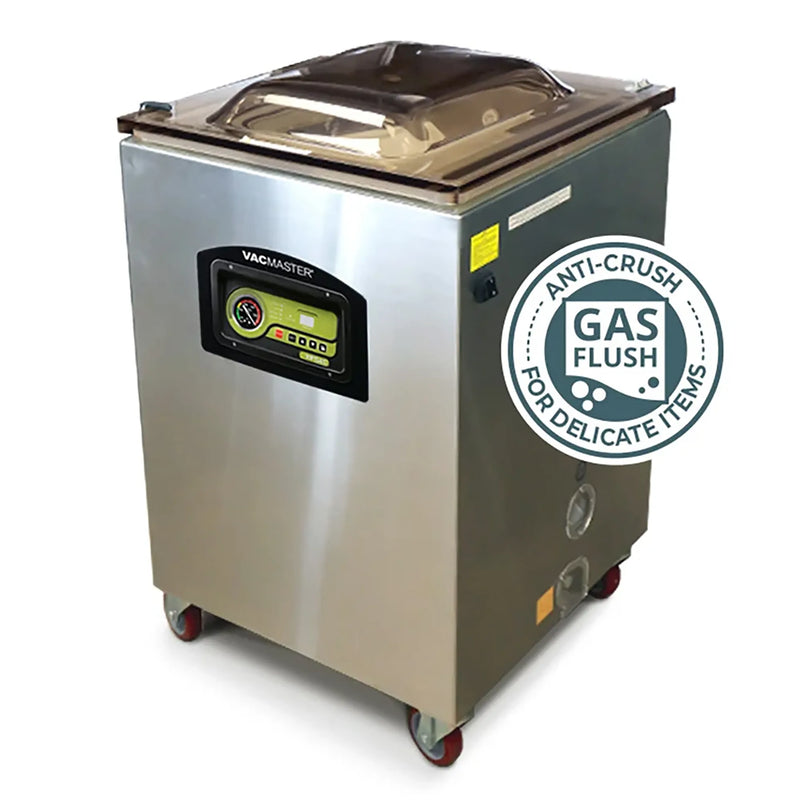 VacMaster VP545 stainless steel floor chamber vacuum packaging machine on casters with gas flush badge, angled view