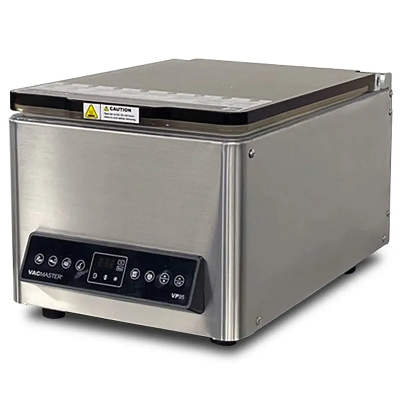 VacMaster VP95 stainless steel countertop chamber vacuum packaging machine with lid closed, angled view