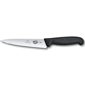 Victorinox 5.2003.15 Fibrox 6-inch chef's knife with stainless steel blade and black non-slip Fibrox handle, side view