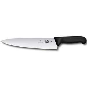 Victorinox 5.2003.25-X5 Fibrox 10-inch chef's knife with stainless steel blade and black Fibrox handle, side view