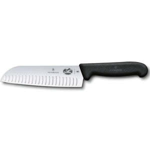 Victorinox 5.2523.17-X2 Fibrox 7-inch santoku knife with Granton edge stainless steel blade and black handle, side view
