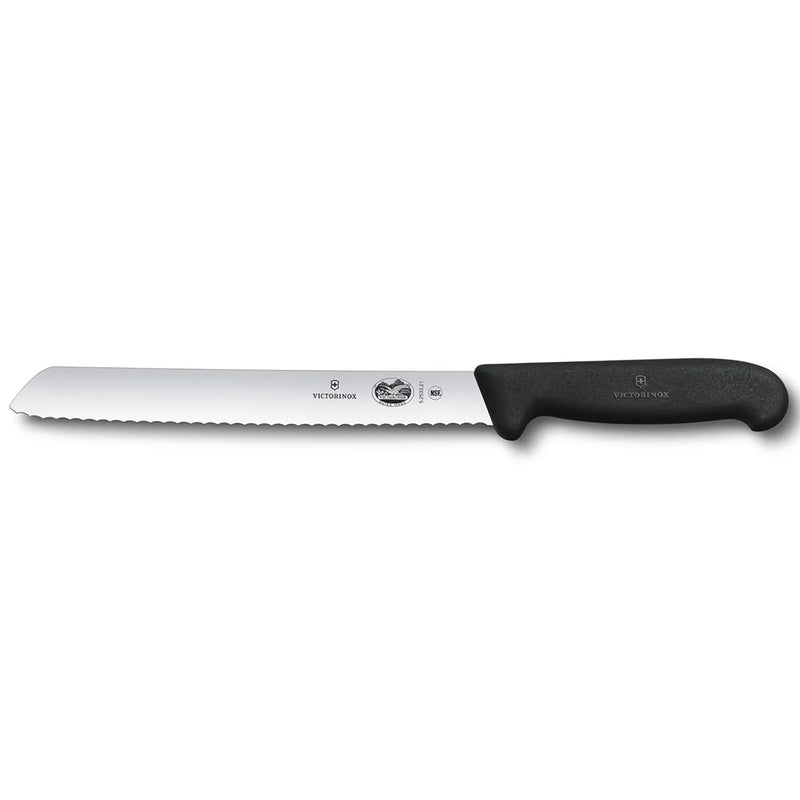 Victorinox 5.2533.21 Fibrox 8-inch bread knife with wavy edge stainless steel blade and black Fibrox handle, side view