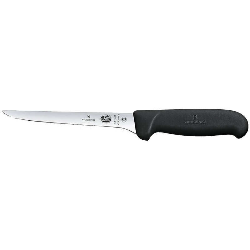 Victorinox 5.6413.15-X6 Fibrox 6-inch flexible boning knife with narrow straight blade and black handle, side view