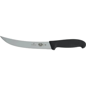 Victorinox 5.7203.20-X2 Fibrox 8-inch breaking knife with curved stainless steel blade and black handle, side view
