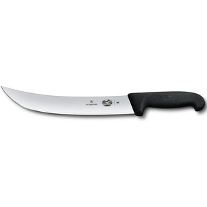 Victorinox 5.7303.25-X4 Fibrox 10-inch cimeter knife with upswept curved blade and black Fibrox handle, side view