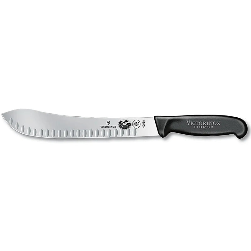 Victorinox 5.7423.25-X3 Fibrox 10-inch butcher knife with Granton edge upswept blade and black handle, side view