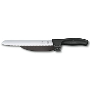Victorinox 68663.21 Fibrox 8-inch Dux knife with serrated edge blade, black handle and blade guard, side view