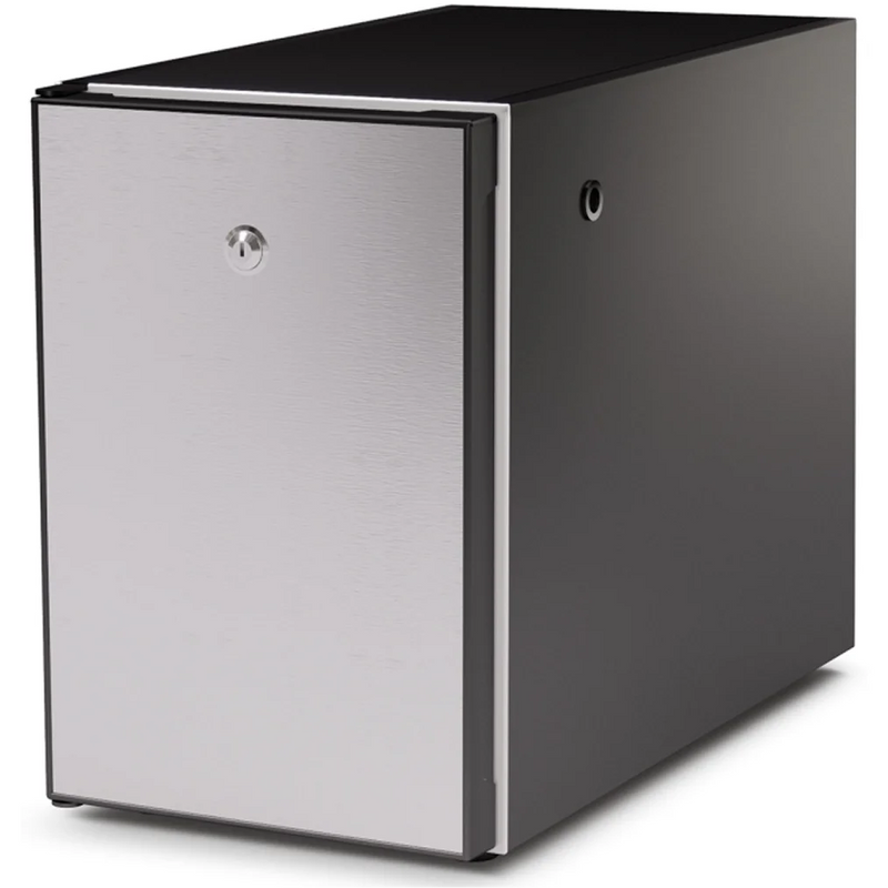 Vitrifrigo FG10i countertop milk fridge in black with stainless steel door and lock, angled view with door closed