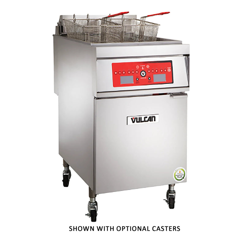 Vulcan 1ER85A 208V electric fryer, 85 lb stainless steel floor model with fry baskets, shown on optional casters