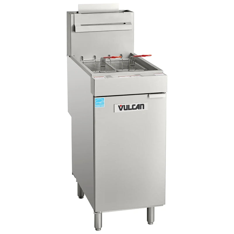 Vulcan 1VEG50M high efficiency natural gas 50 lb fryer, stainless steel floor model with basket, front view