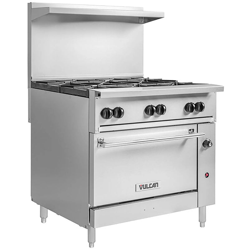 Vulcan 36S/C-6B 36 inch gas range with six open burners and stainless steel oven base, angled left view