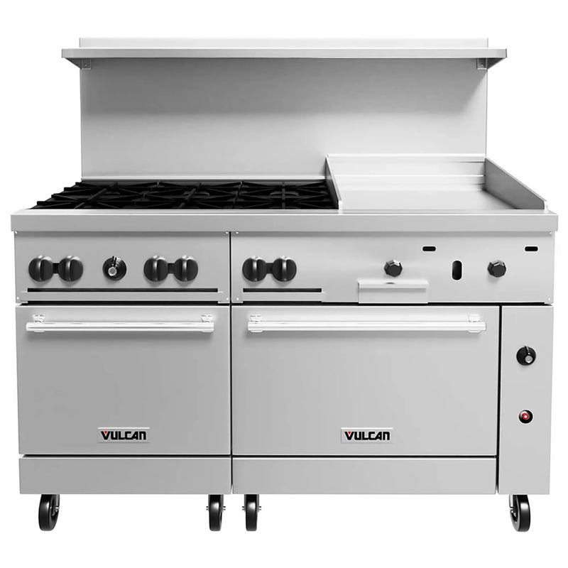 Vulcan 60SS-6B24GT 60 inch gas range with six burners, 24 inch griddle and two ovens, stainless steel front