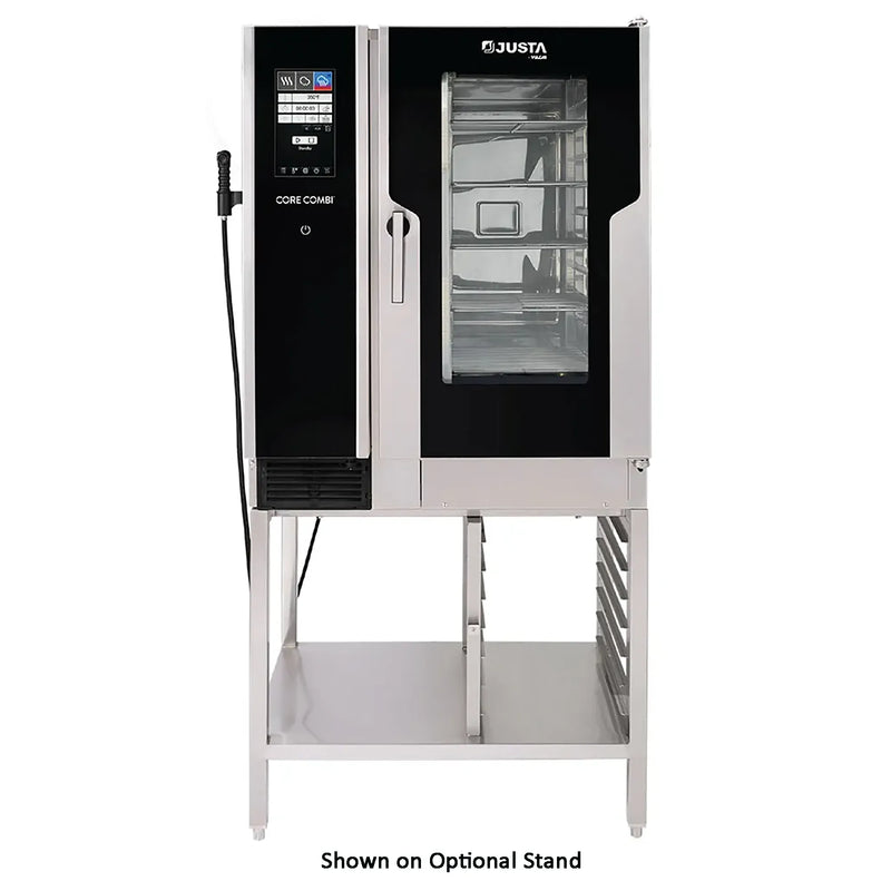 Vulcan CORE-101G gas combi oven with digital controls and black glass door, shown on optional stainless stand