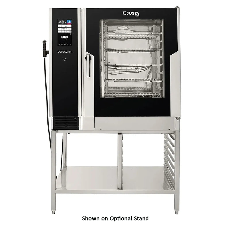 Vulcan CORE-102E electric combi oven for 10 full size sheet pans, racks visible through door, on optional stand
