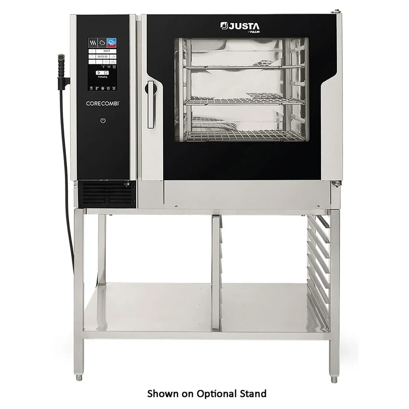 Vulcan CORE-62E electric combi oven with digital controls and racks visible through door, on optional stand