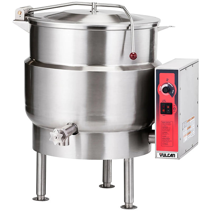 Vulcan KEL electric fixed steam kettle, stainless steel two-thirds jacketed kettle on legs with draw-off valve