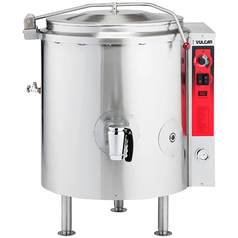 Vulcan KGL gas fixed steam kettle, 20 gallon stainless steel kettle on legs with lid and draw-off valve